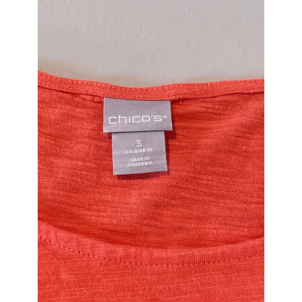 Chico’s Top Orange Coral Lace Trim Short Sleeve Boho Casual Size 3 XL